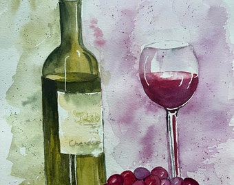 Art mural original aquarelle vin rouge, aquarelle nature morte vin rouge peinte à la main