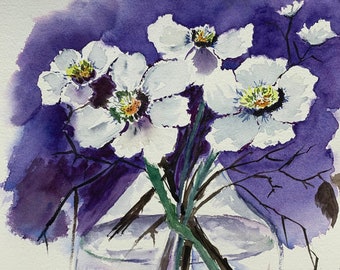 WHITE ANEMONE WATERCOLOR Painting, White Floral Wall Art, Original Anemone Watercolor