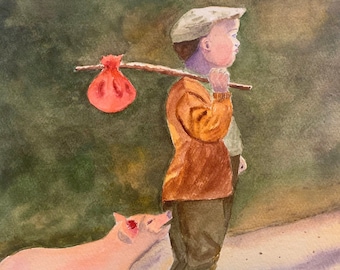 Nostalgische kleine jongen-aquarelkunst, kleine jongen schilderij, kleine jongen decor