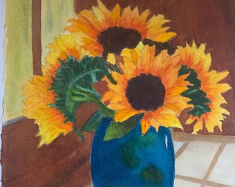 Acuarela original de girasol, arte mural floral amarillo, decoración del hogar con girasoles