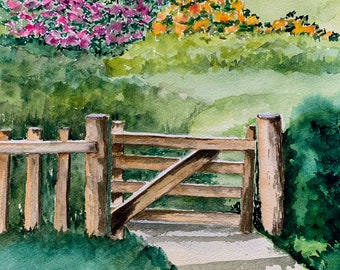 Springtime Floral Watercolor Art, Field of Flowers Watercolor Painting, Wooden Gate Painting
