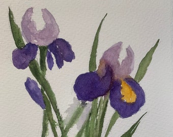 Dipinto ad acquerello di iris viola, arte murale botanica, arte di iris viola