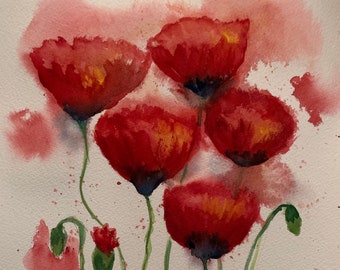 Original Red Poppy Wall Art, Red Poppies Watercolor Painting, Original Floral Wall Art