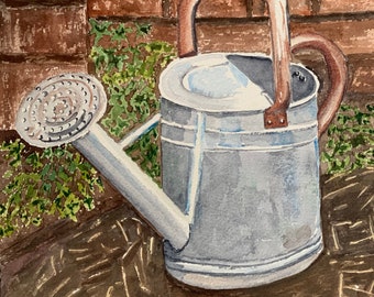 Watering Can Watercolor Painting, Garden Watering Can Wall Art, Watering Can Still Life Watercolor