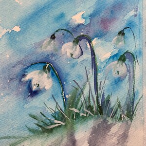 Original Snowdrop Watercolor Painting, Blue Floral Wall Art, Snowdrops Watercolor