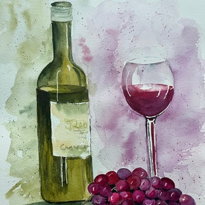 Original Red Wine Watercolor Wall Art, Hand Painted Red Wine Still Life Watercolor