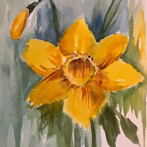 Fröhliche Narzisse Aquarellmalerei - Lebhafte gelbe botanische Kunst - reizende Aquarell-Narzissen-Blumengrafik - botanische Wanddekoration