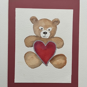 Aquarel teddybeer valentijnskaart, handgeschilderde teddybeer valentijnskaart, teddybeer notitiekaart