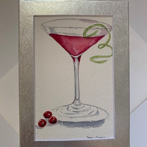 Cosmos Happy Hour-aquarelkaart, Cosmos Cocktail Art Card, handgeschilderde Cosmos-wenskaart