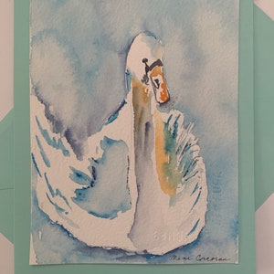 Carte de voeux aquarelle originale de cygne, carte de voeux abstraite de cygne, carte d'art aquarelle de cygne