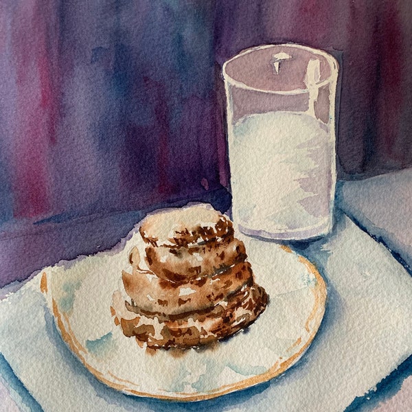 Milk and Cookies Watercolor, After School Snack Art, Kitchen Wall Art, Milk & Cookie Art