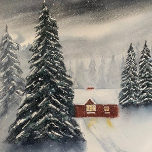 Winter Landscape Watercolor Painting, Snowy Woodland Wall Art