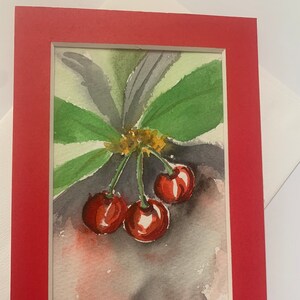 Carte de voeux aquarelle cerises, carte aquarelle peinte à la main, carte de correspondance vierge