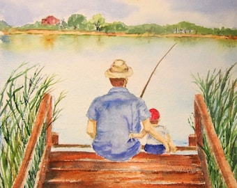 Father & Son Watercolor Painting, Fisherman Watercolor