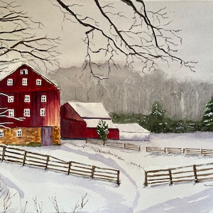 Winter Rural Landscape Watercolor Art, Original Red Barn Wall Art, Original Barn Scene Watercolor image 5