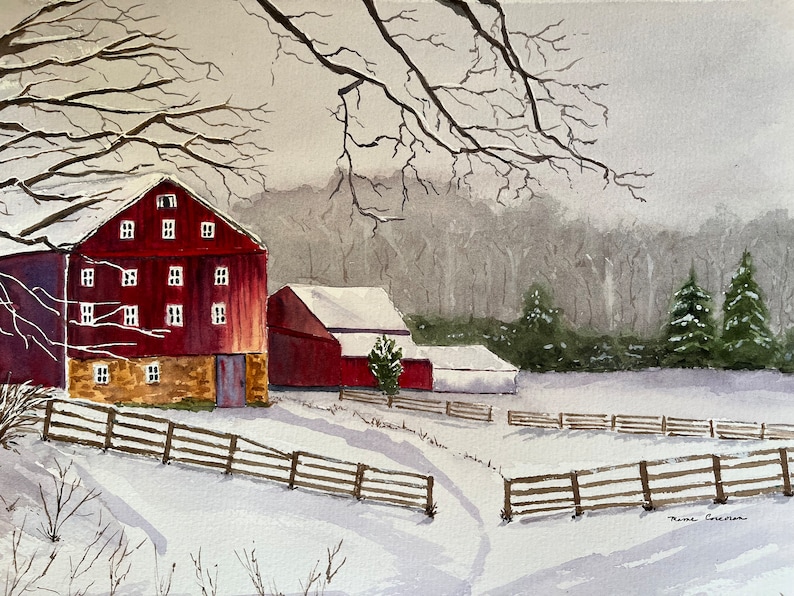 Winter Rural Landscape Watercolor Art, Original Red Barn Wall Art, Original Barn Scene Watercolor image 5