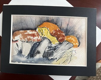 Carte de voeux aquarelle champignon peinte à la main, carte de correspondance originale champignon faite main