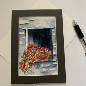 FENSTERBOX mit BLUMEN Grußkarte, Blumen im Fenster Kunstkarte, Handgemaltes Fenster mit Blumen Karte