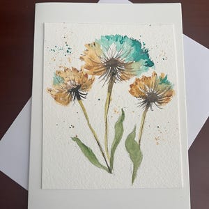 Biglietto d'auguri originale con tarassaco e acquerello, biglietto vuoto con tarassaco dipinto a mano