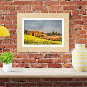 Acquerello di una villa toscana, dipinto di un paesaggio toscano, originale acquerello italiano da parete