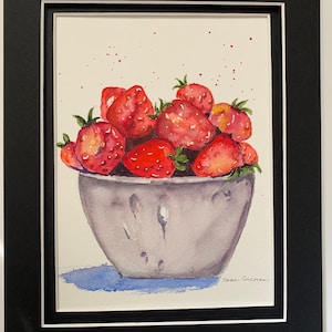 Strawberry Still Life Painting, Strawberry Watercolor, Strawberry Kitchen Art