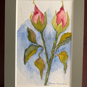 Tarjeta de felicitación con capullo de rosa en acuarela, tarjeta de felicitación con flores rojas, tarjeta de nota con capullo de rosa en acuarela en blanco
