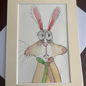 Tarjeta de felicitación de conejito pintada a mano, tarjeta de Pascua en acuarela, tarjeta de conejito en blanco