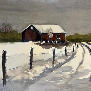 Rural Winter Farm Scene, Winter Watercolor Road to the Farm, Winter Farm Landscape