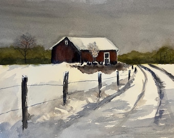 Rural Winter Farm Scene, Winter Watercolor Road to the Farm, Winter Farm Landscape
