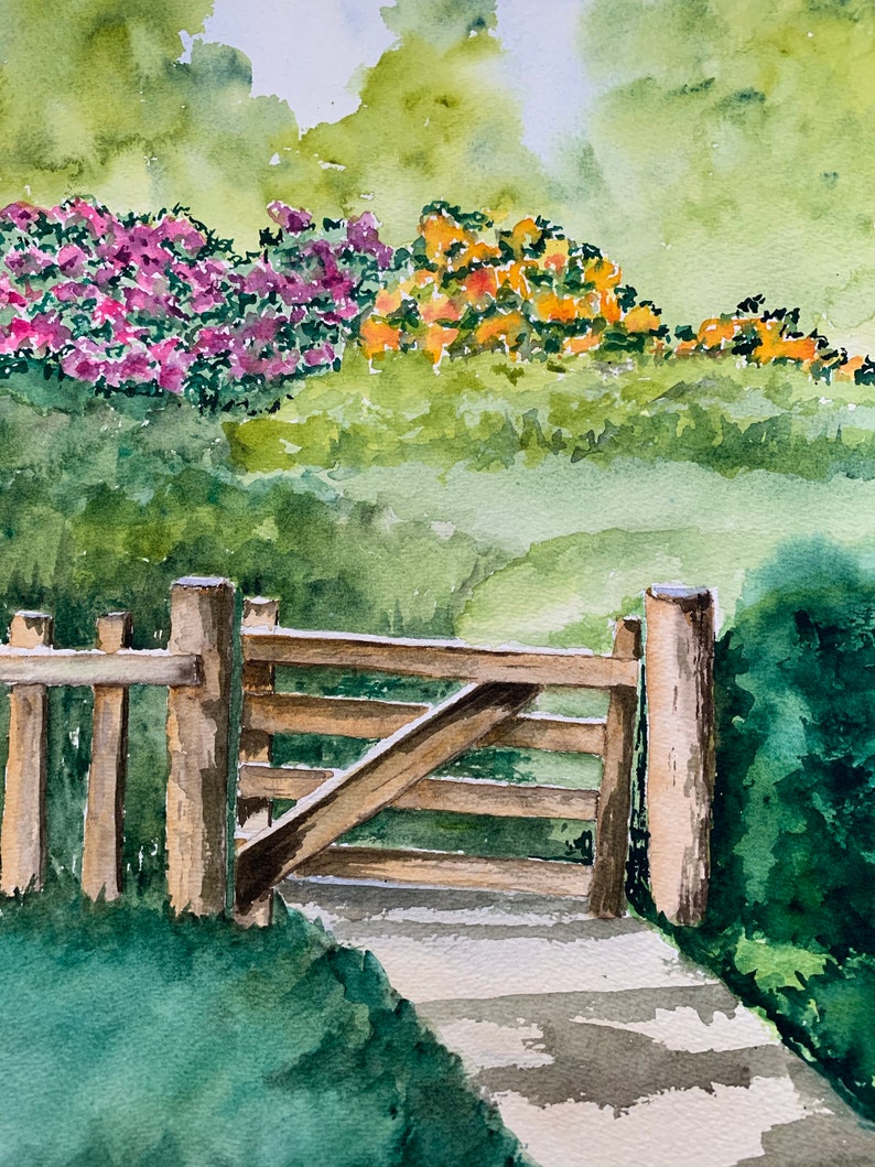 Wooden Gate Painting Field Of Flowers Watercolor Painting Springtime Floral Watercolor Art Painting Art Collectibles Kromasol Com