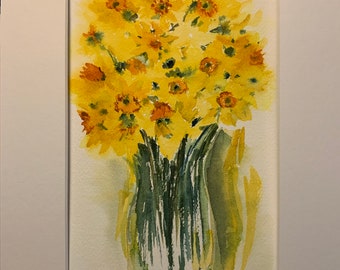 Bright and Cheerful Daffodil Watercolor Painting - Spring Floral Still Life - Hand-painted Daffodil Vase Wall Art
