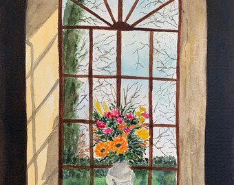 アンティークの窓の水彩画 - ヴィンテージの窓の花の絵 - 窓の風景の