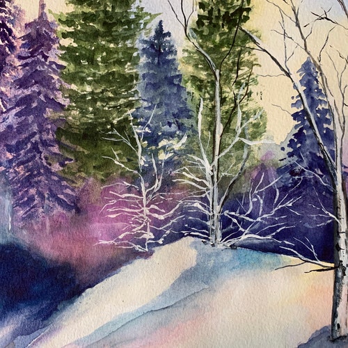 Winter Landscape Watercolor buy Painting, Winter Wall Art, Snow Scene Watercolor Art