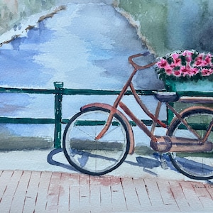 Pintura de acuarela de bicicleta antigua, arte mural de bicicleta, arte mural de bicicleta con acuarela
