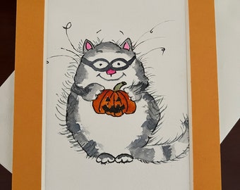 Whimsical Halloween Greeting Card with Cat and Pumpkin - Cute Cat and Pumpkin Hand Painted Halloween Card - Kid&#39;s Halloween Card