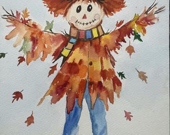 Charming Fall Scarecrow Watercolor - Perfect Autumn Wall Decor - Hand-painted Autumn Art - Adorable Fall Scarecrow Painting