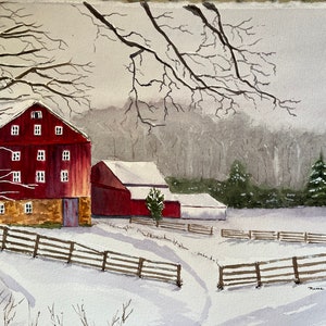 Winter Rural Landscape Watercolor Art, Original Red Barn Wall Art, Original Barn Scene Watercolor image 4