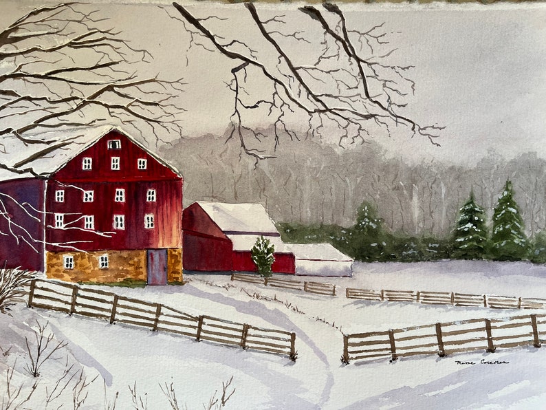 Winter Rural Landscape Watercolor Art, Original Red Barn Wall Art, Original Barn Scene Watercolor image 4