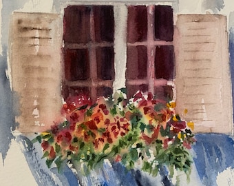 Window Box Wall Art, Watercolor Window with Flowers