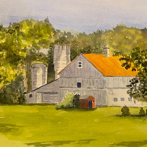 Summer Farm Landscape Painting, Watercolor Barn Scene, Barn Scene Wall Art