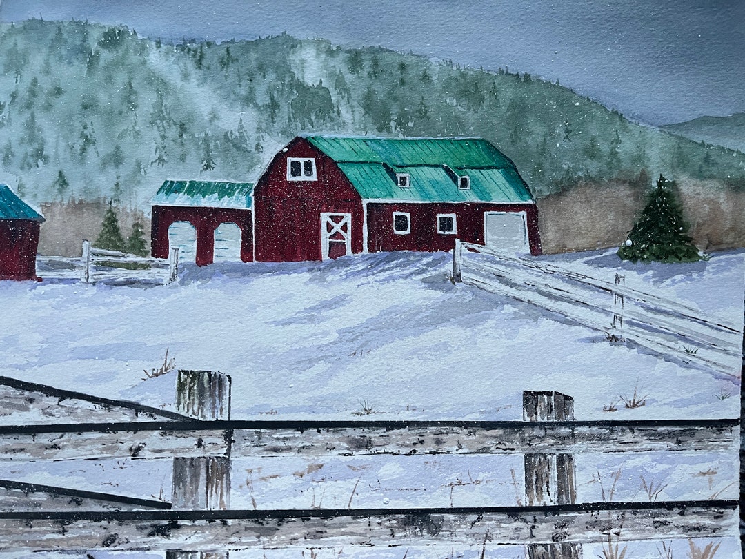 Red Barn Winter Watercolor Painting, Rustic Barn in Snow Wall Decor ...