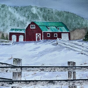 Red Barn Winter Watercolor Painting, Rustic Barn in Snow Wall Decor, Winter Barn Watercolor Art