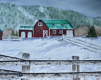 Red Barn Winter Watercolor Painting, Rustic Barn in Snow Wall Decor, Winter Barn Watercolor Art