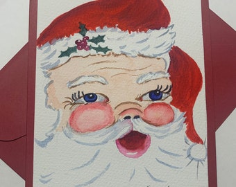 Santa Watercolor Christmas Card, Santa Xmas Card Handmade, Handpainted Santa Claus Card