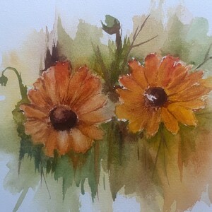 May include: Watercolor painting of two orange flowers with dark brown centers and green leaves. The flowers are in full bloom, with detailed petals. The background has soft green and yellow hues.