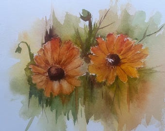 Flor dorada – Pintura floral en acuarela de Susan de ojos negros - Arte mural de flores de otoño