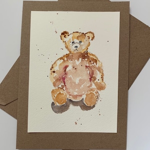 Art ours en peluche peint à la main, carte de voeux aquarelle ours en peluche, carte de correspondance ours en peluche