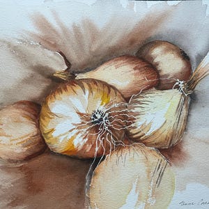Original Onion Still Life Watercolor Art, Kitchen Watercolor Art, Vegetable Watercolor Still Life