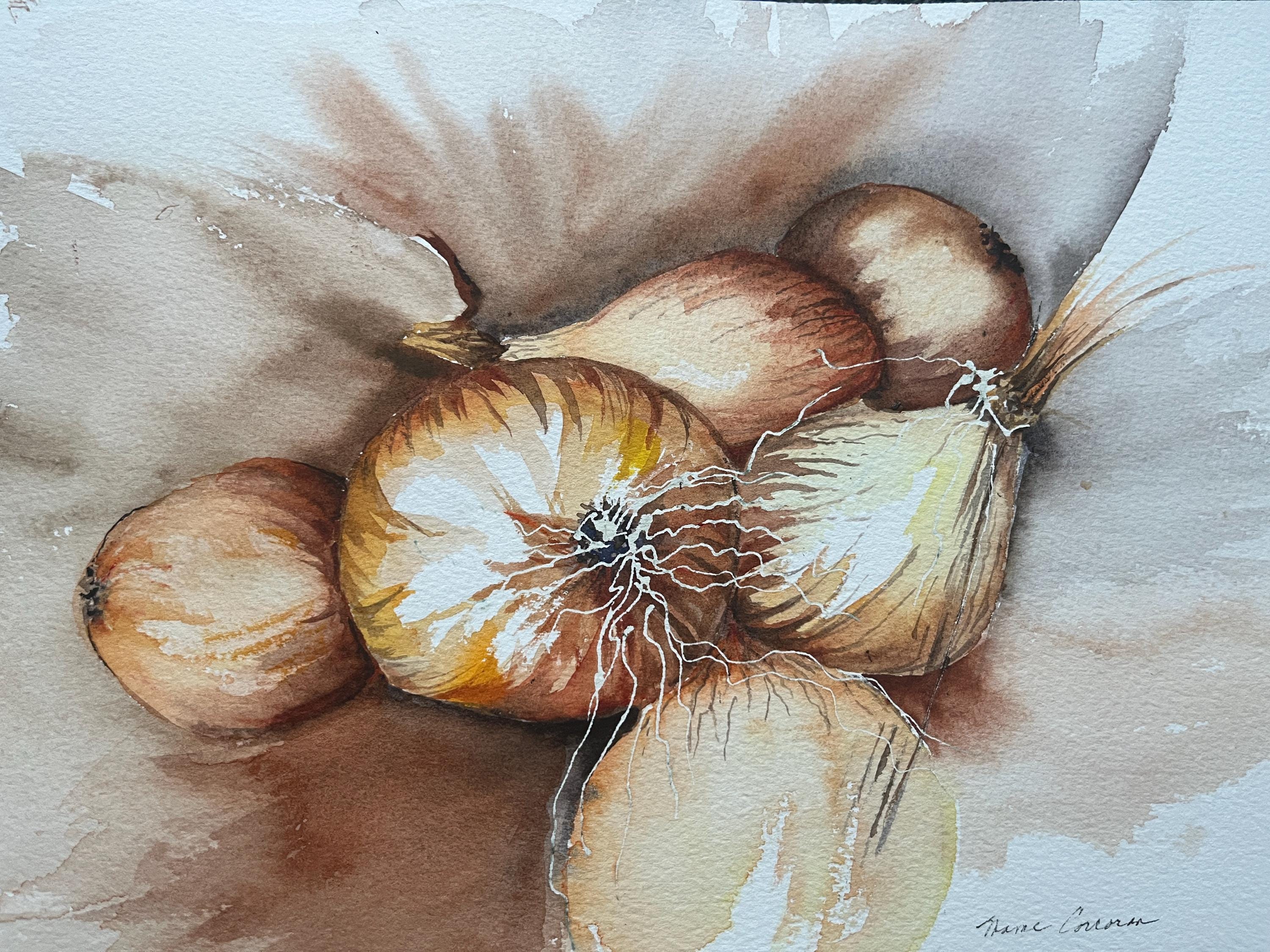 オリジナルの玉ねぎの静物画の水彩画、キッチンの水彩画、野菜の静物画