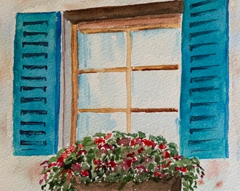 Window Box Floral Watercolor Painting, Watercolor Window Box Wall Art